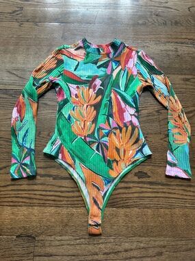 Farm Rio Tropical Floral Ribbed Bodysuit Long Sleeve Mock Neck Size S